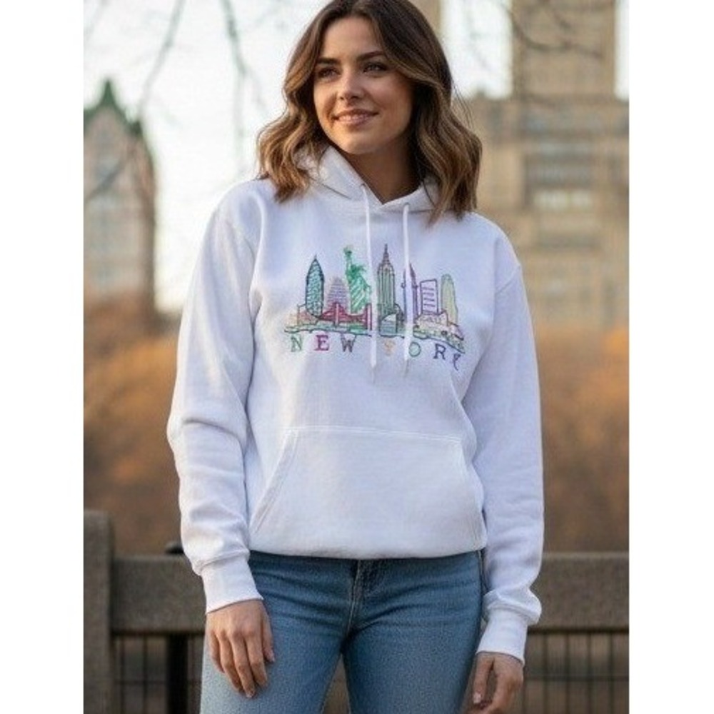 Torkia Gifts Hooded Sweatshirt Women's XL New York Colorful Skyline Cozy White